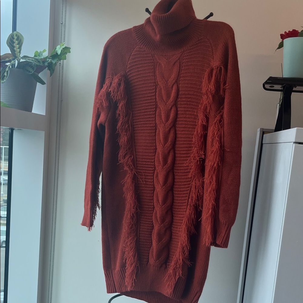 BTFBM Elegant Rust Turtleneck Sweater/Dress with Fringe Size XL